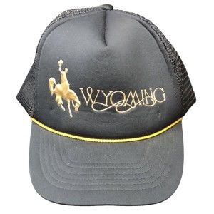 Vintage Wyoming Golden Cowboy Snapback Trucker Hat Black & Gold Mesh Rope Bronco